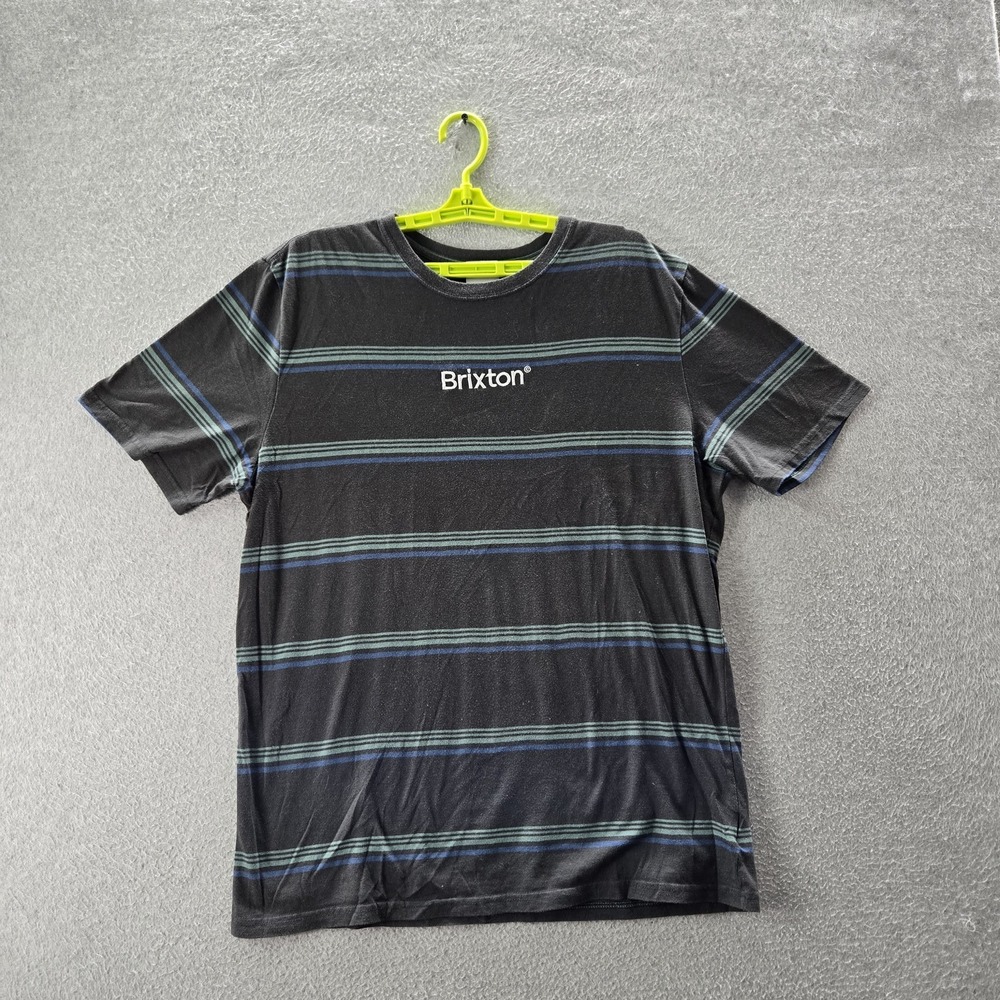 Brixton Men Shirt XL Black Striped Logo Short Sleeve Hip Hop